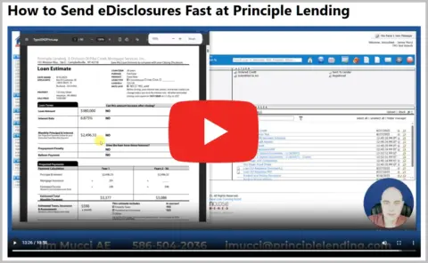 Video Player Thumbnail Image with a red play button. It also contains the title How to Send eDisclosures Fast at Principle Lending